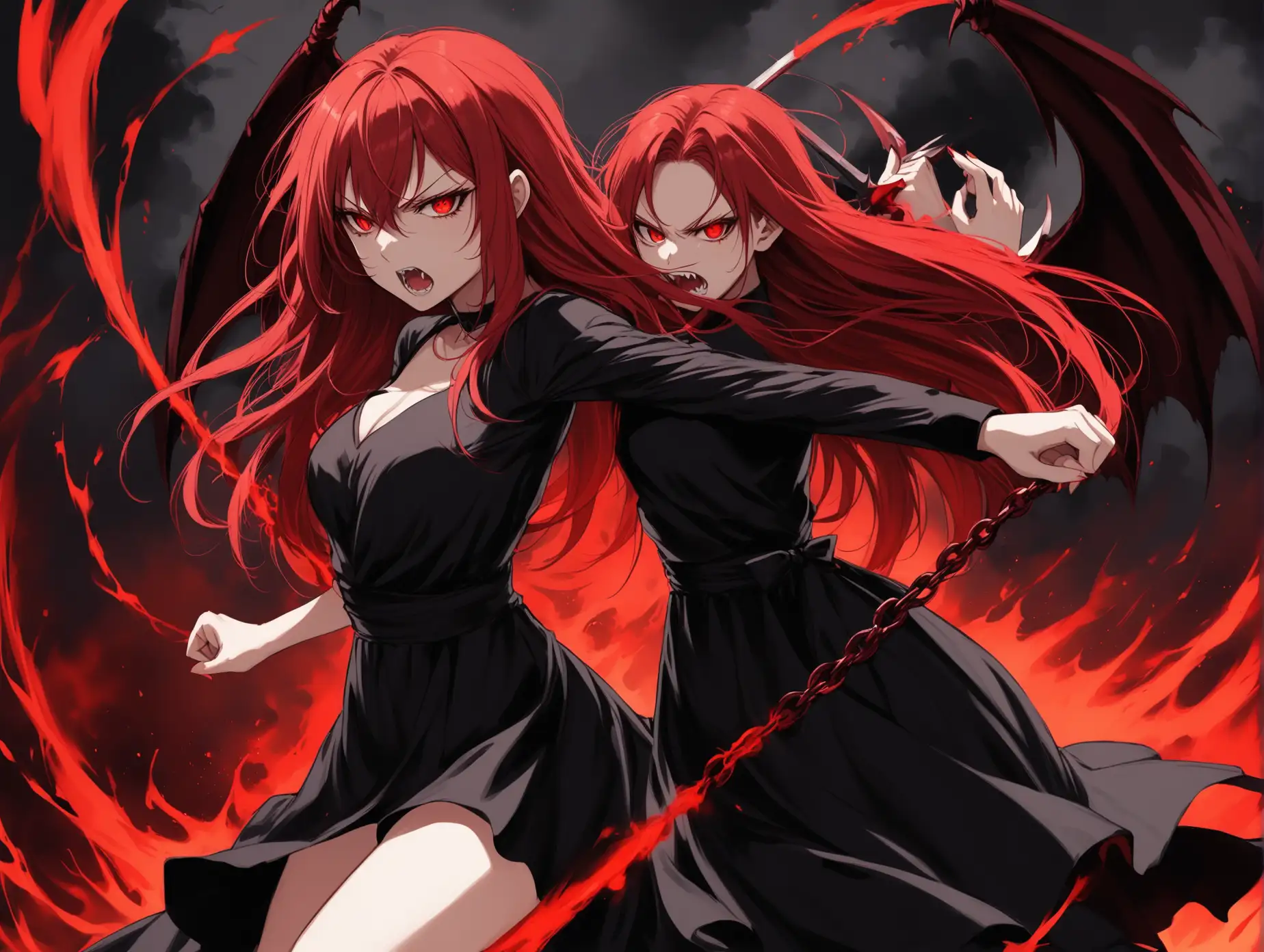 Evil girl fight demons red hair black dress FHD 