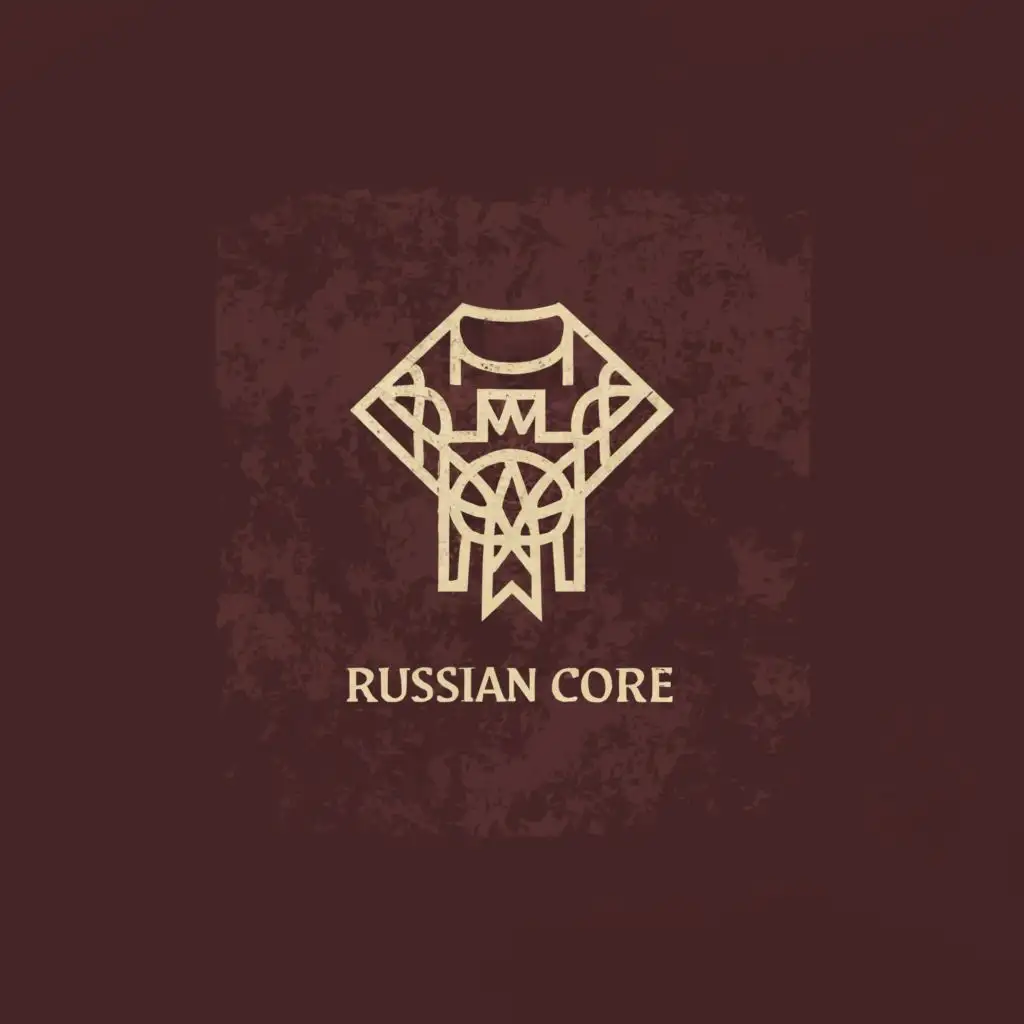 a logo design,with the text "Russian core", main symbol:Old clothing, Russian clothing, shirt, icon, red colors, ancient runes, Russian runes,Minimalistic,clear background