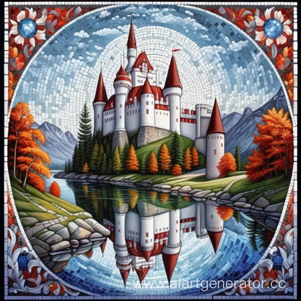 A mosaic a white Dracula castle river on t-shirt, in mosaic style,