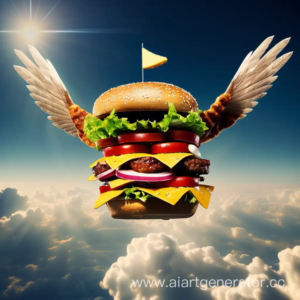 Flying-Burger-in-the-Sky-Delicious-Fast-Food-Delight-Soars-Through-the-Atmosphere