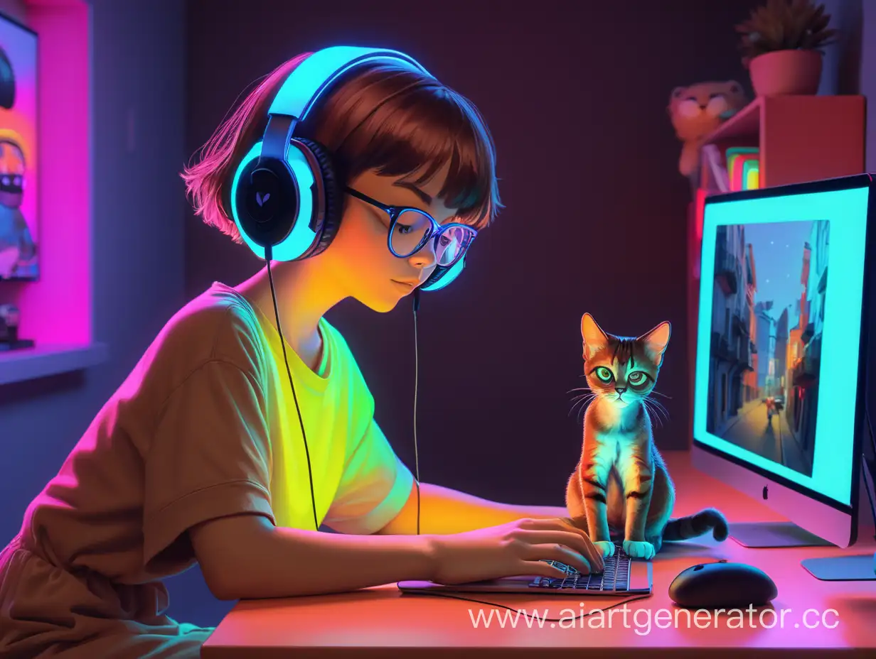 Девушка с короткими волосами в наушниках и в очках ведёт видео трансляцию за компьютером. Рядом на столе сидит  коричневая кошка. Неоновые цвета.