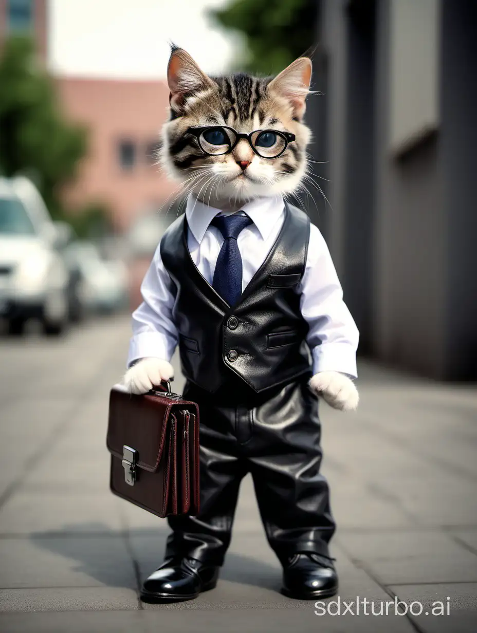 best quality, (Masterpiece) a domestic cat baby, solo, cute, chibi, kitten, pose, personification, pet fashion, attentive expression, animal portrait, HD, HDR,UHD, 8K, Highly detailed, realistic,(photo-realistic:1.27)), blurry background,full body,Side, Side, Tie, Business, attire, T-shirt,black Leather Shoes, suit, Trousers, City, wear sunglasses, with a briefcase under his arm