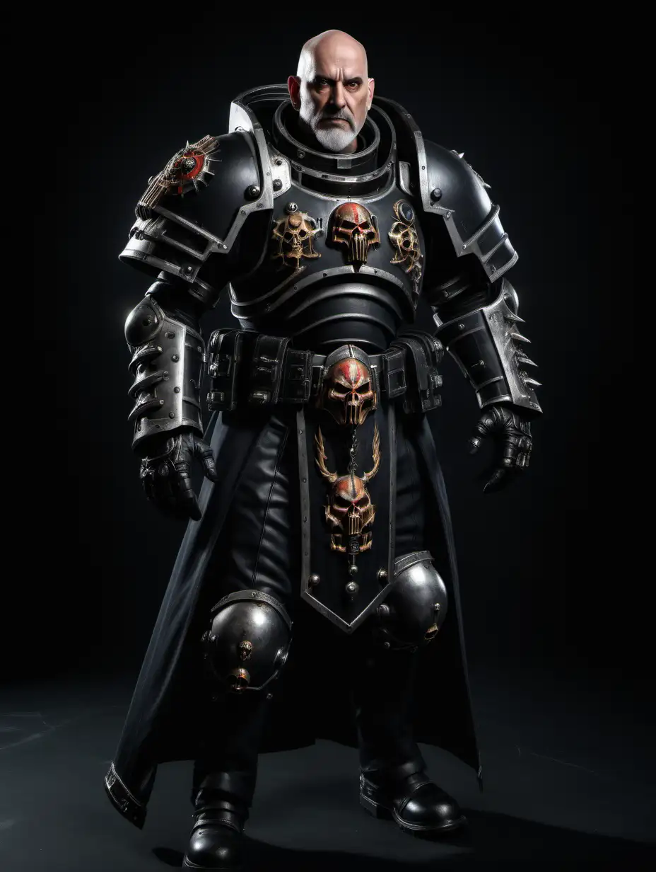 Full body image of 50 year old male inquisitor wearing heavy black warhammer 40k power armor. No helmet.
No weapon in image.
Dark background in image.
Bald, short grey beard.