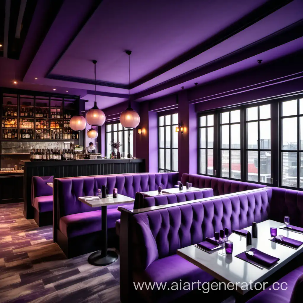 ресторан в уютном стиле с большими окнами, фиолетовый цвет, барная стойка, мягкие диванчики и темные столики