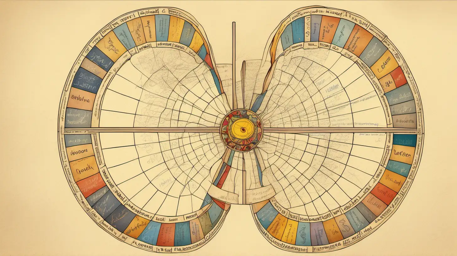 asrological wheel, words flying around the wheel, muted colors, write for words 'keşke, söyleyebilseydim, orada', loose lines, add speech baloon