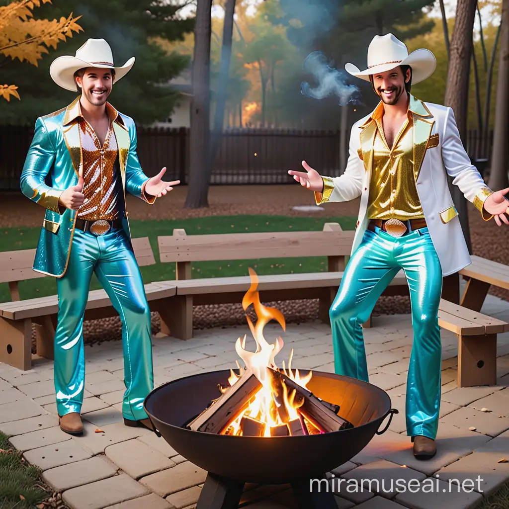 Disco Cowboy Costume Party Around a Funny Fire Pit in the Woods