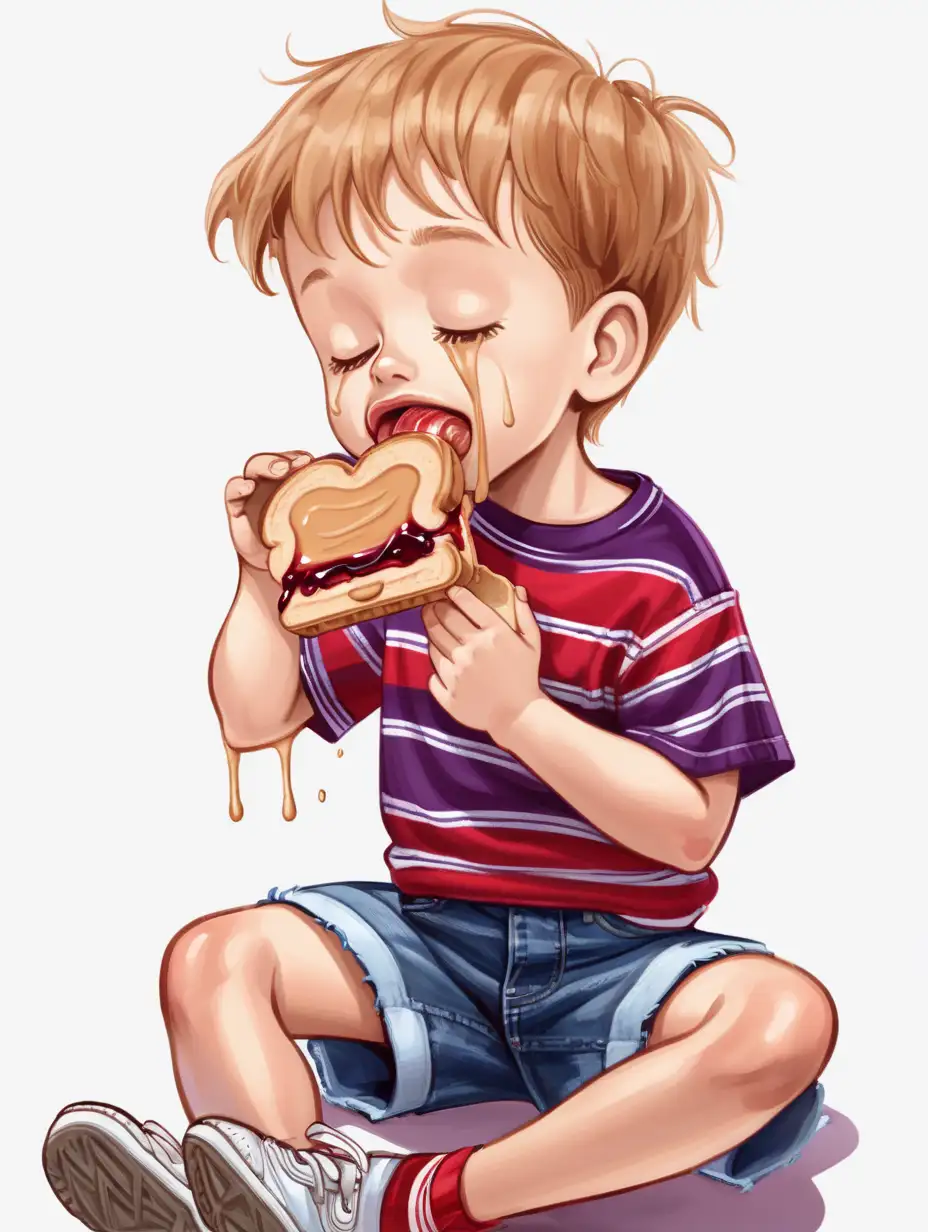 Adorable Little Boy Enjoying Peanut Butter and Jelly Sandwich Snack