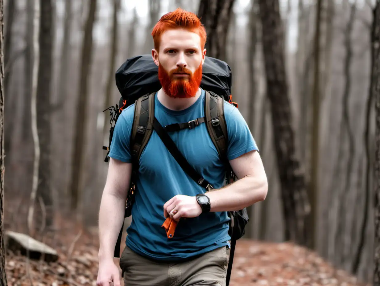 Red haired everyday carry guy with side bag hiking in the woods

