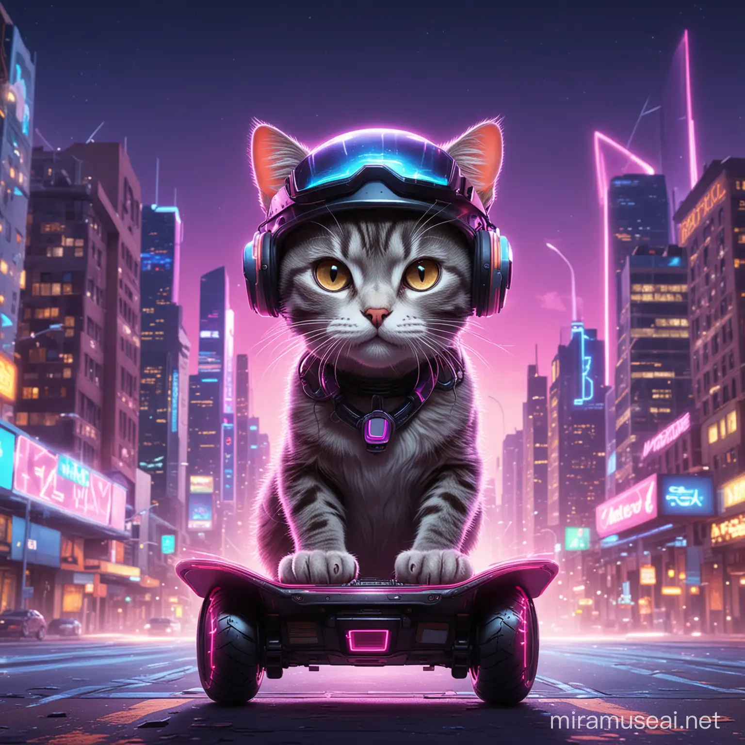 Futuristic Cat with Neon Helmet in Retro Cityscape