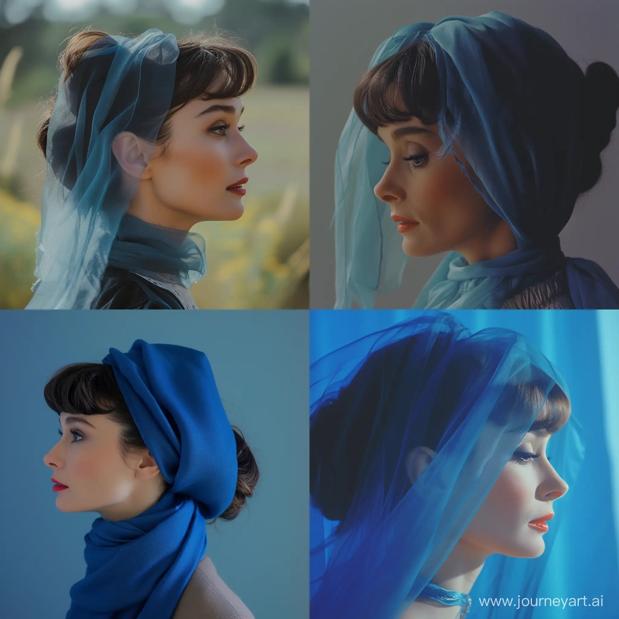 an aesthetic sideview picture from audrey hepburn that cover her hair with blue scarf
