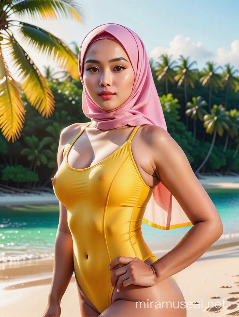 Indonesian Woman with Hijab Enjoying Morning Sunlight on Beach
