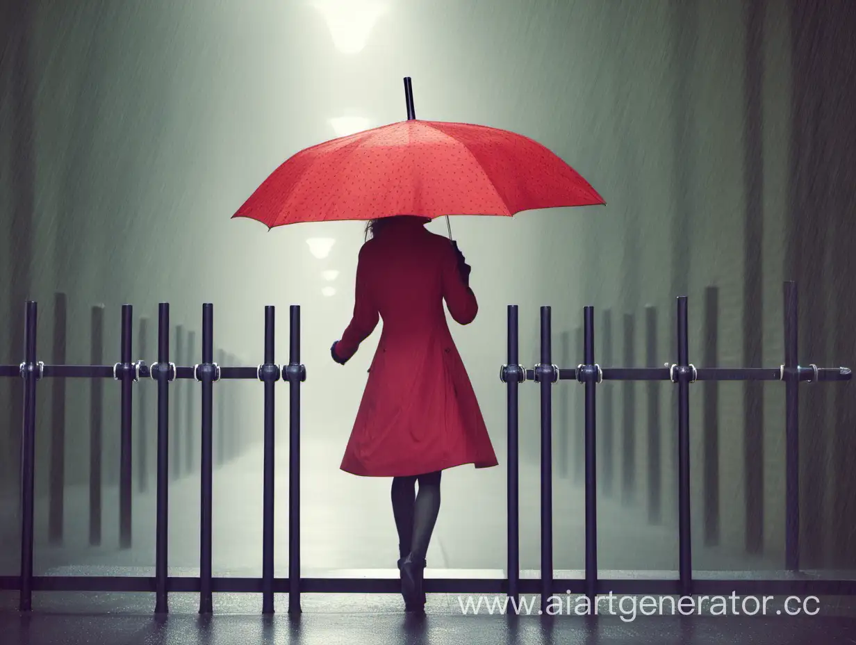 Elegant-Woman-with-Umbrella-Walking-Along-City-Railings
