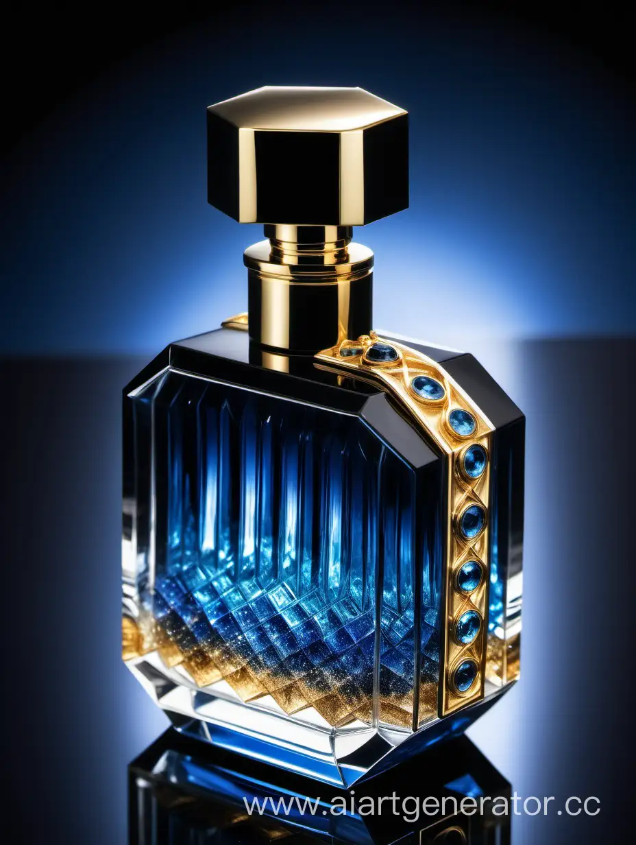 a crystal clear perfume bottle made of blue ,black and gold
transparent