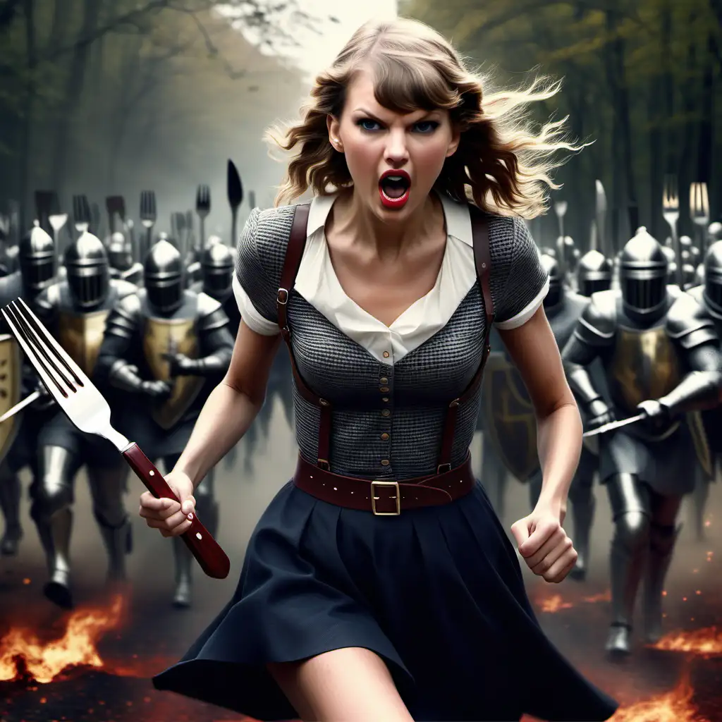 Hyper Realistic Taylor Swift Furious with Giant Fork Pursuing Knight