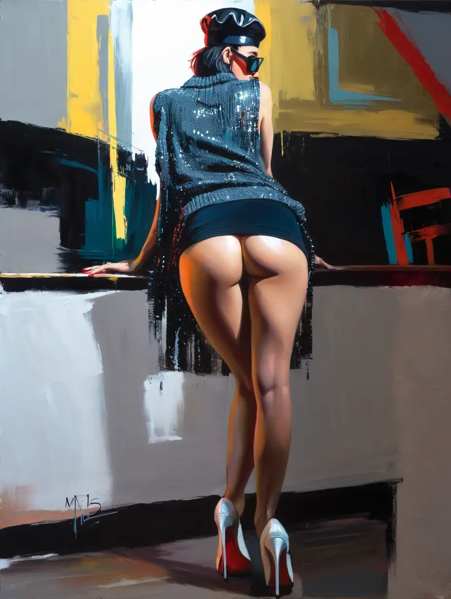 Full color painting of (nude:1.3 woman) with cyberpunk-sunglasses, beret , high heel shoes, perfect hourglass figure , perfect perky tits, on a red-black wall background, lora:mj52:0.7 , visible flat brushstrokes , large rough brush strokes , palette knife , thick layers of paint, light leaks , night scene , by Henry Asencio &  Fabian Perez 
