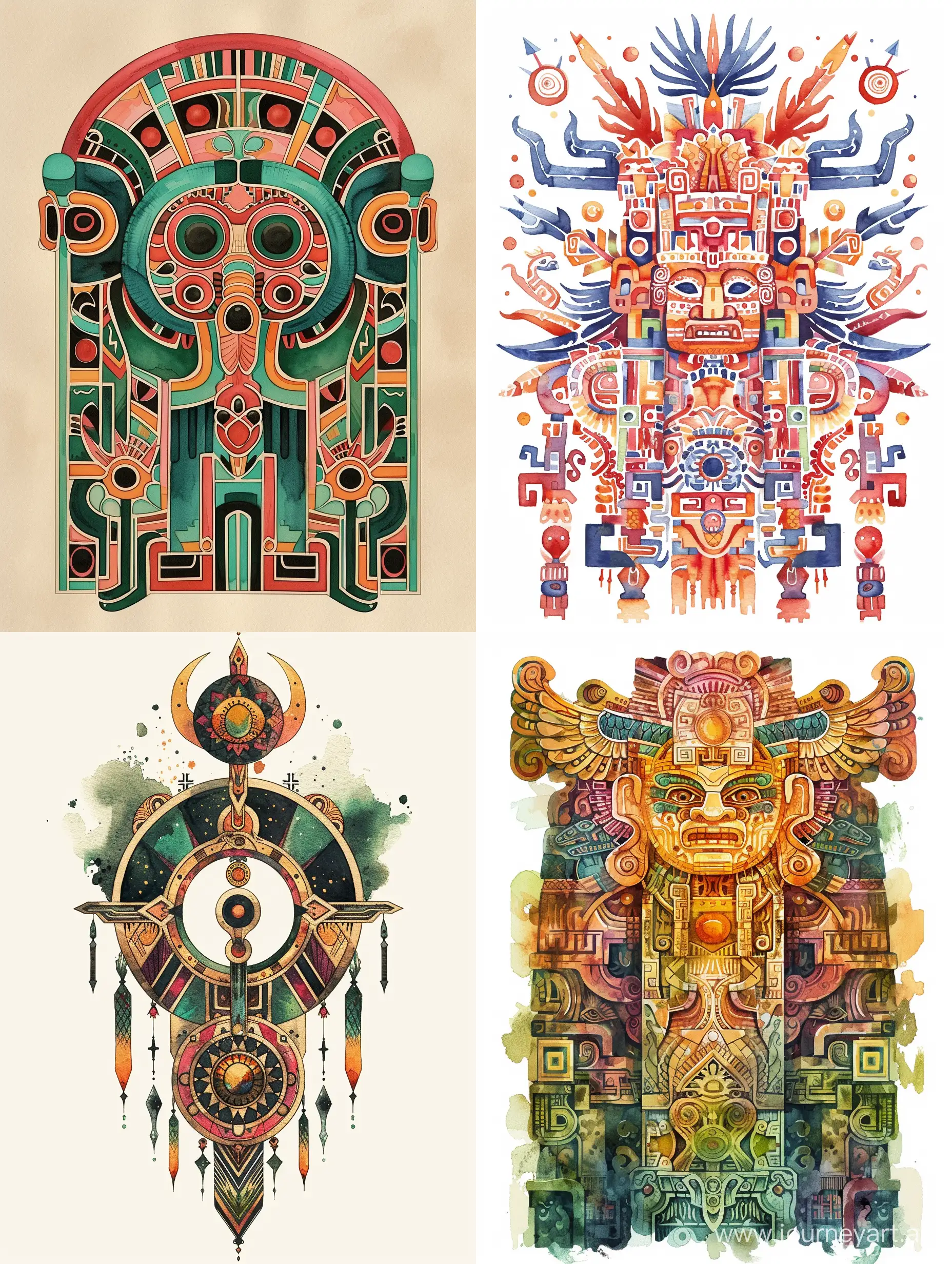 ornament of ancient civilizations, stylized, Victor Ngai, watercolor, ink, clear outlines, decorative, flat drawing.