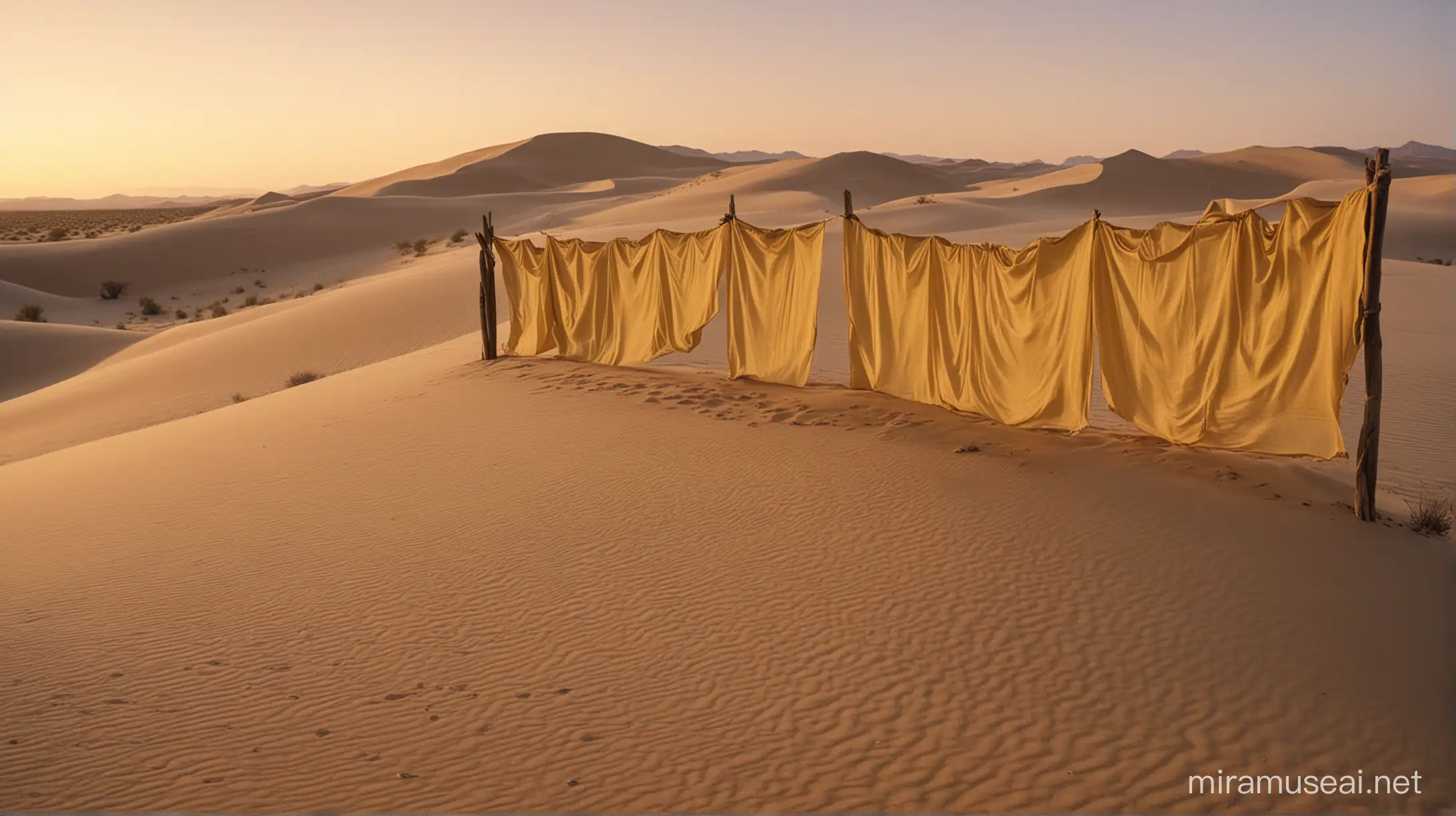 Rideaux dorés flottant dans le vent entourés de dunes du désert à l'aube, fujifilm fujicolor, lumière sombre, objectif 220 mm, f/2.8