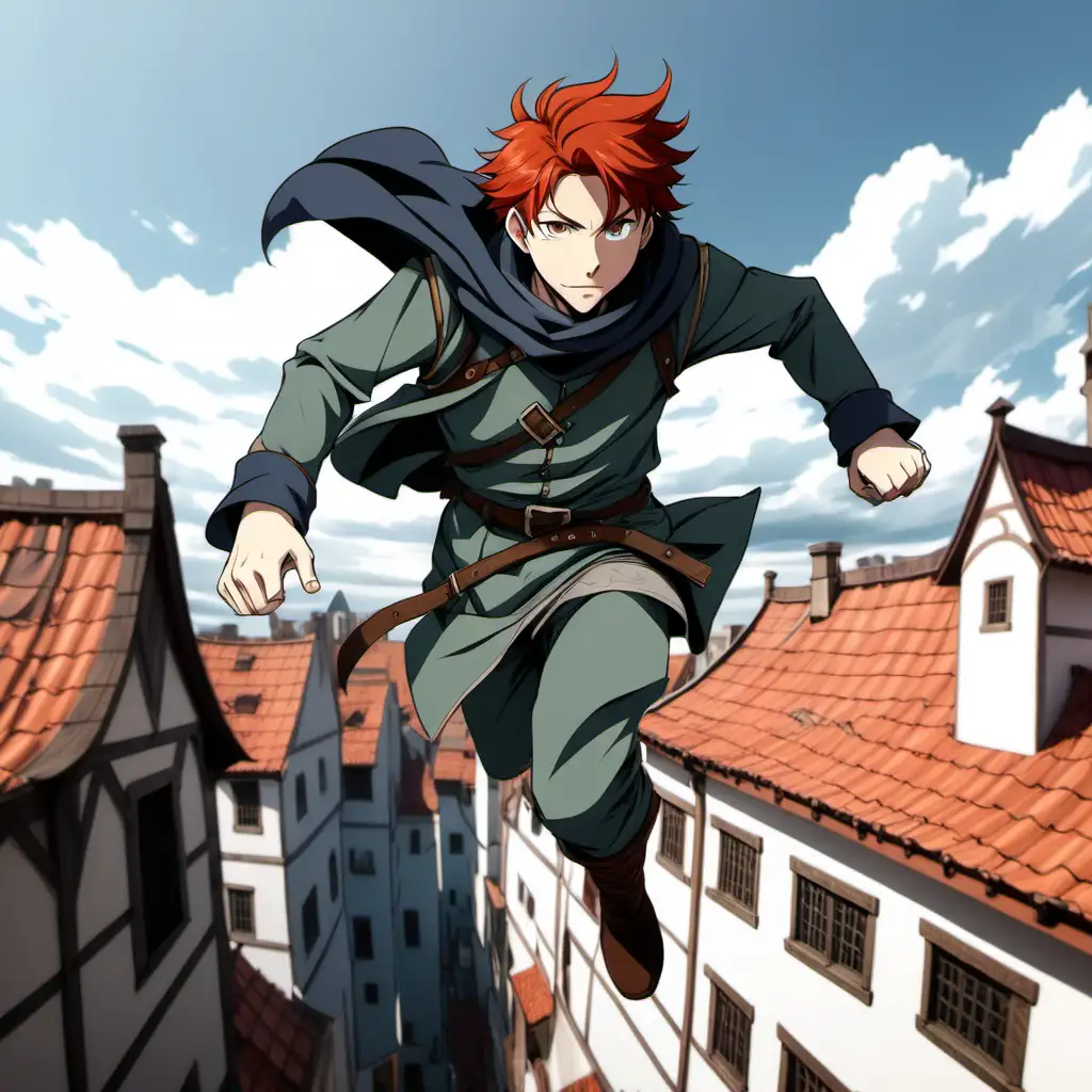 RedHaired Anime Adventurer Running Across Medieval Rooftops