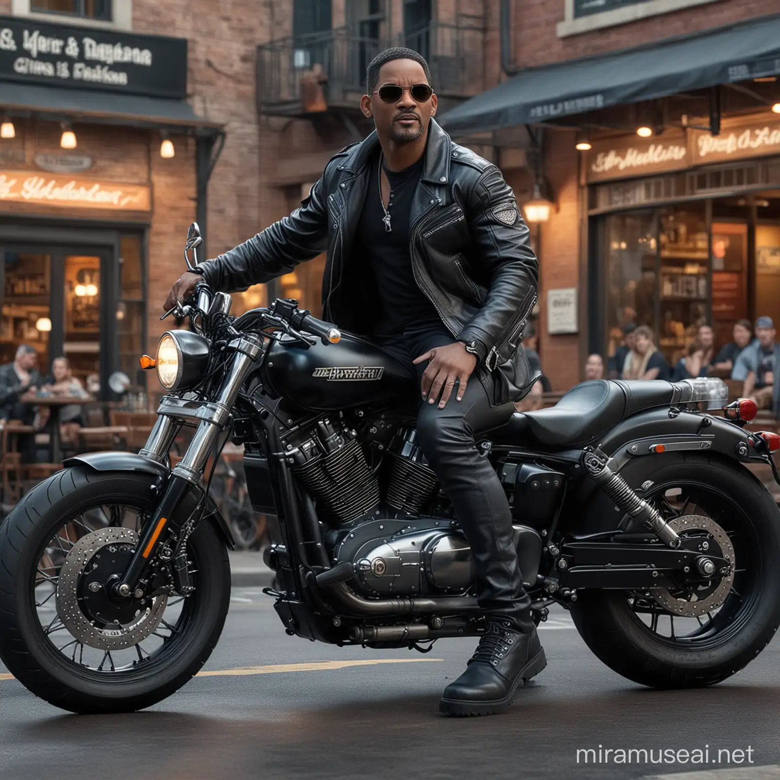 image of will smith dressed as a biker, black boots, black leather jacket, Seeing the Viewer, riding a Harley-Davidson motorcycle, with dark glasses, next to a bar-café, ultra-realistic, 32K, detailed texture, sci-fi style, Panoramic photo