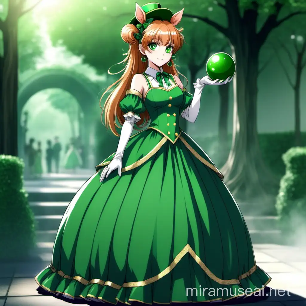  tttA Girl leprechaun with a green ball gown  and two poney tails in anime