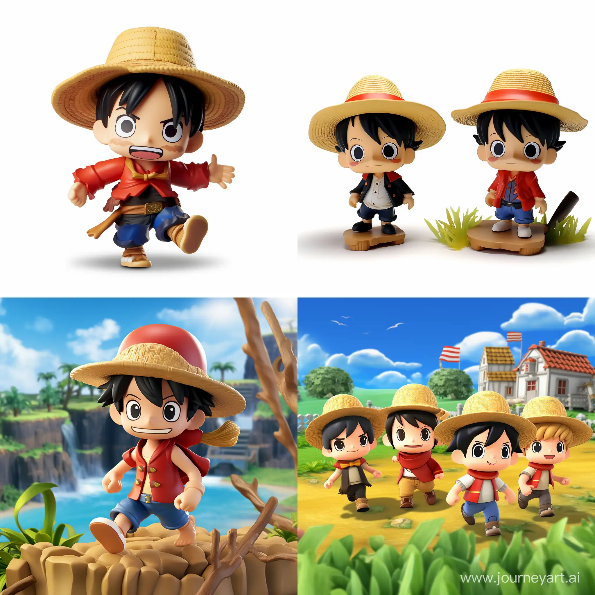 Develop a playful and endearing playground that generates adorable Luffy action figures set against stunning backgrounds. Ensure meticulous attention to detail in the design of the figures, capturing Luffy's iconic features, such as his straw hat, stretching abilities, and signature grin. Allow users to customize expressions and poses for added personalization. Implement high-quality rendering techniques to ensure crisp and vibrant visuals. Surround the action figures with dynamic backgrounds, ranging from sunny seascapes to vibrant islands, enhancing the overall charm. Offer options for various accessories and playful interactions, creating a series of irresistibly cute Luffy action figures in diverse and delightful settings."