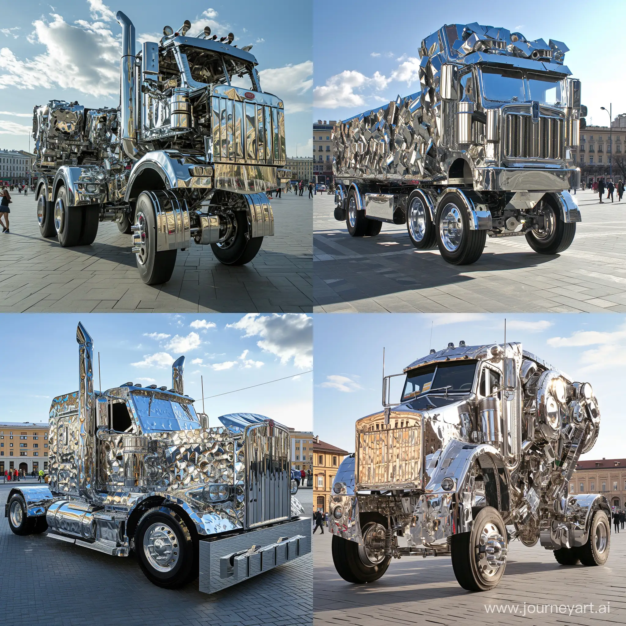 An art object made of chrome-plated truck parts stands on the central square of the city, photo reality