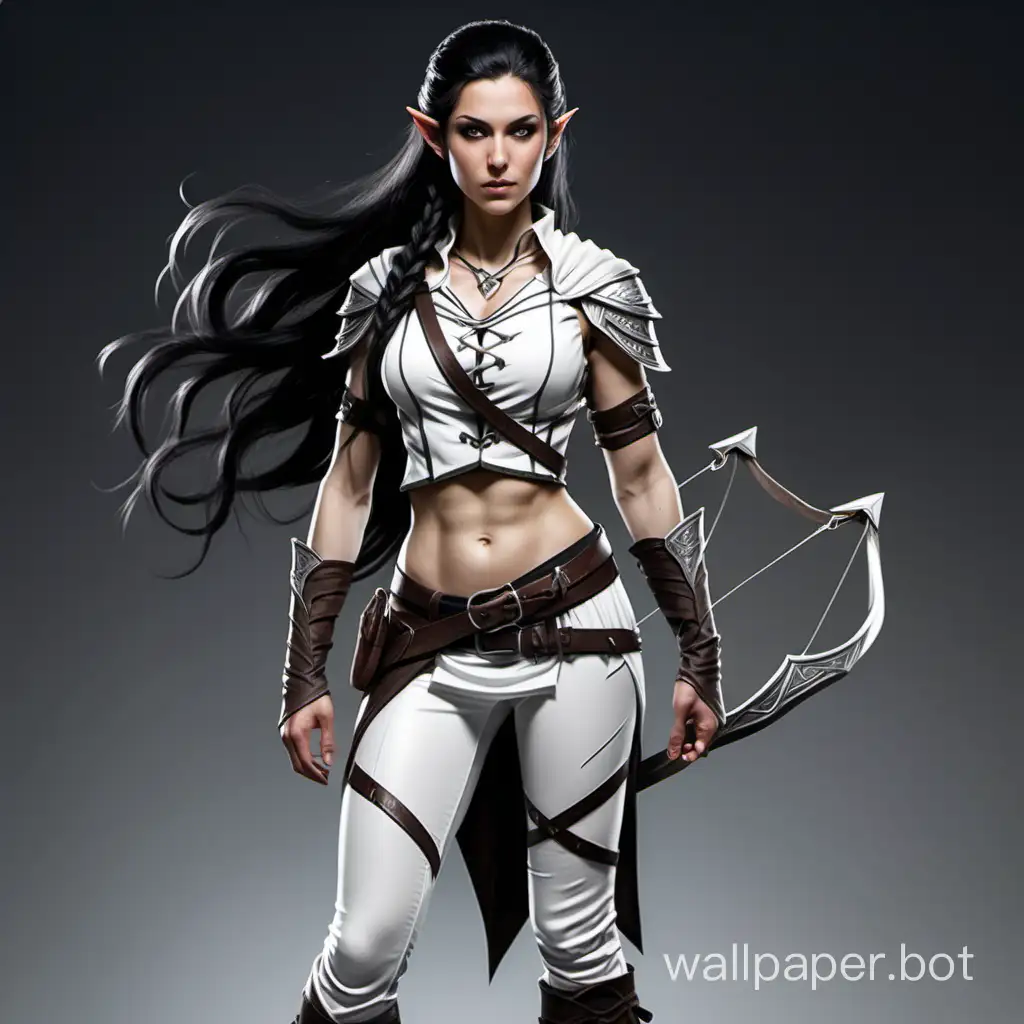 female half elf ranger with long black plaited hair with white streak, wearing white top showing abs, and white leggings