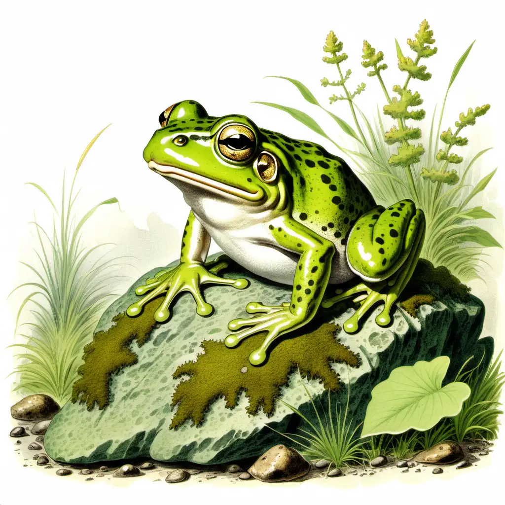 Vintage illustration for children’s book of a plain green frog sitting on a mossy rock, white background