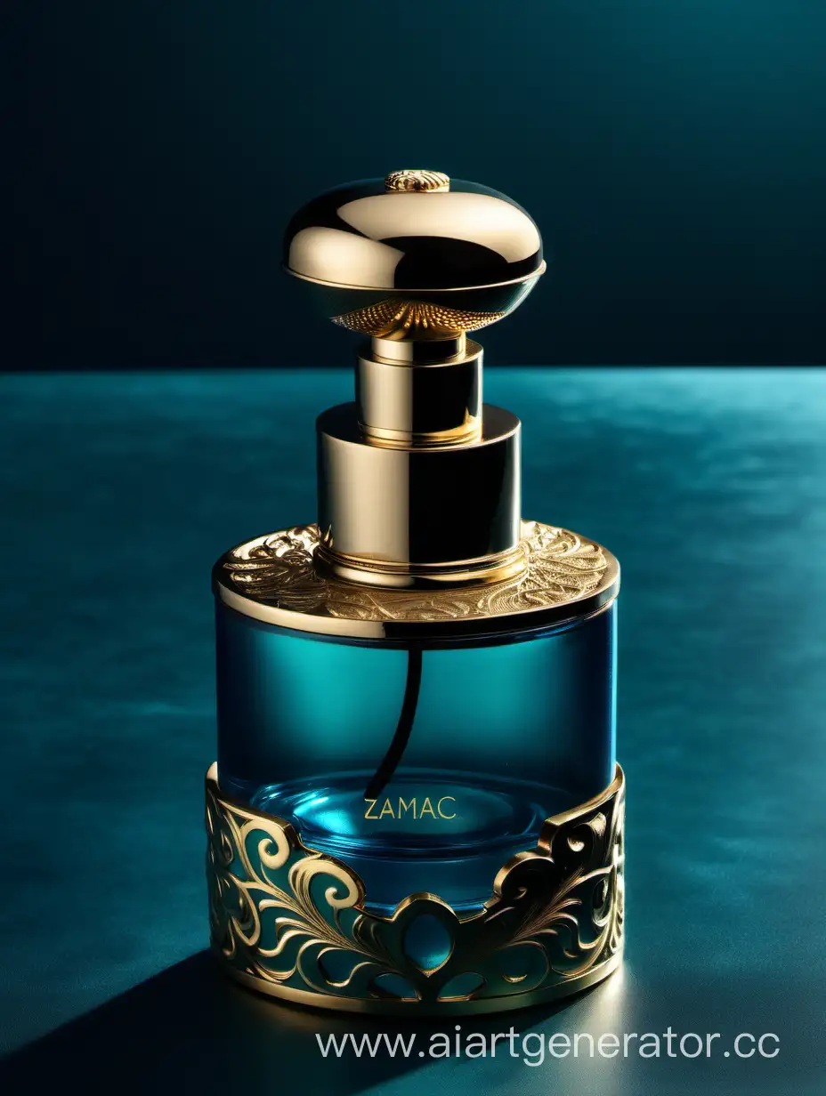 A luxurious Dark turquoise blue and gold double layers perfume with an elegant zamac cap