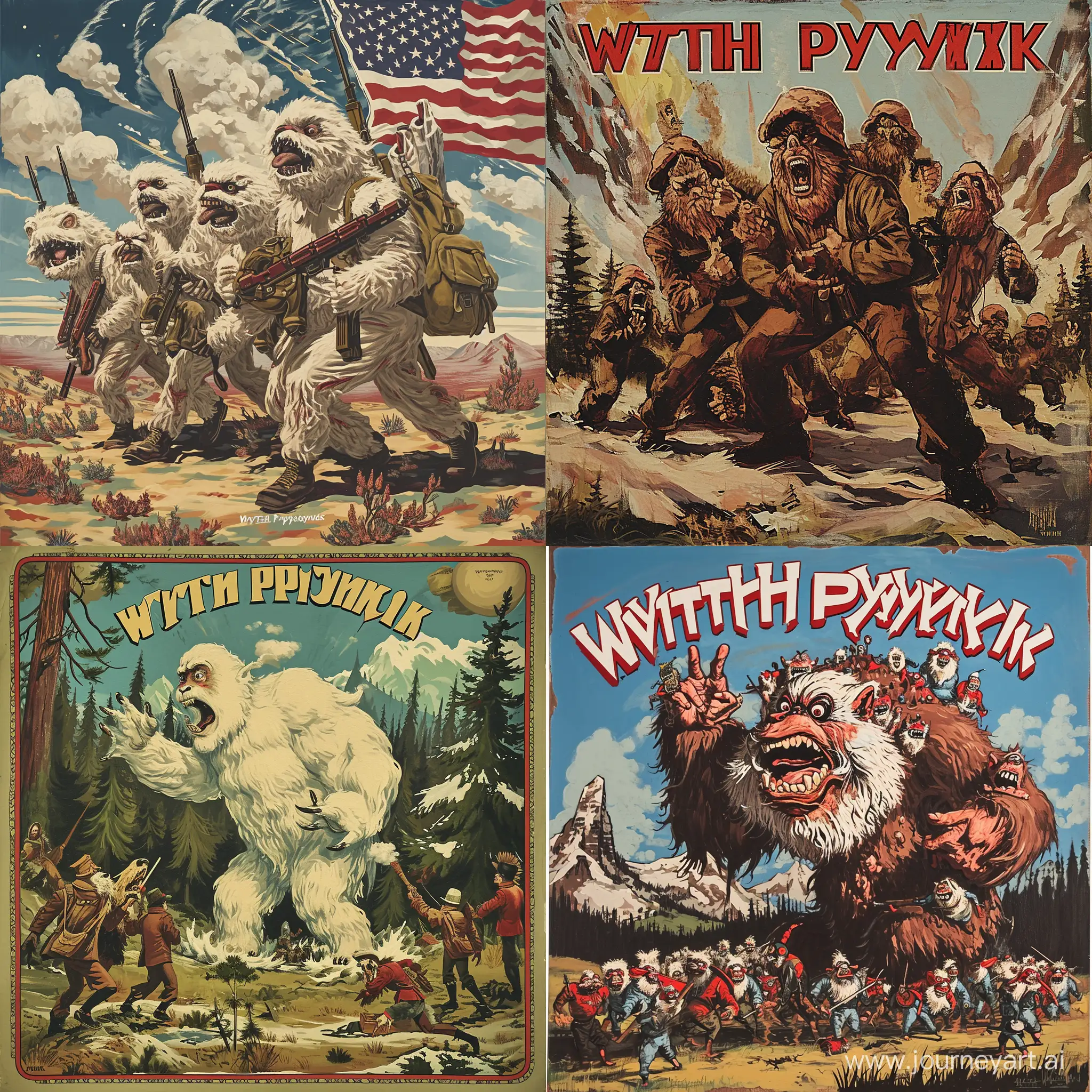 an album cover with the exact words "wytch pycknyck", the album is about an army of yeti invading north america, like a 30s comic, painted