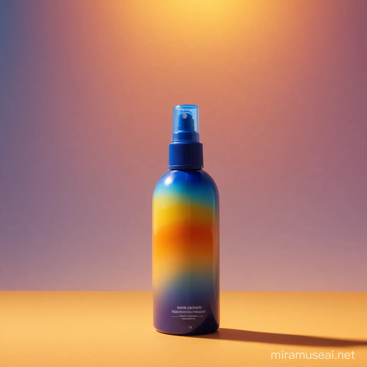 a gradient spray bottle from blue to orange(background), with a yellow sun on the background