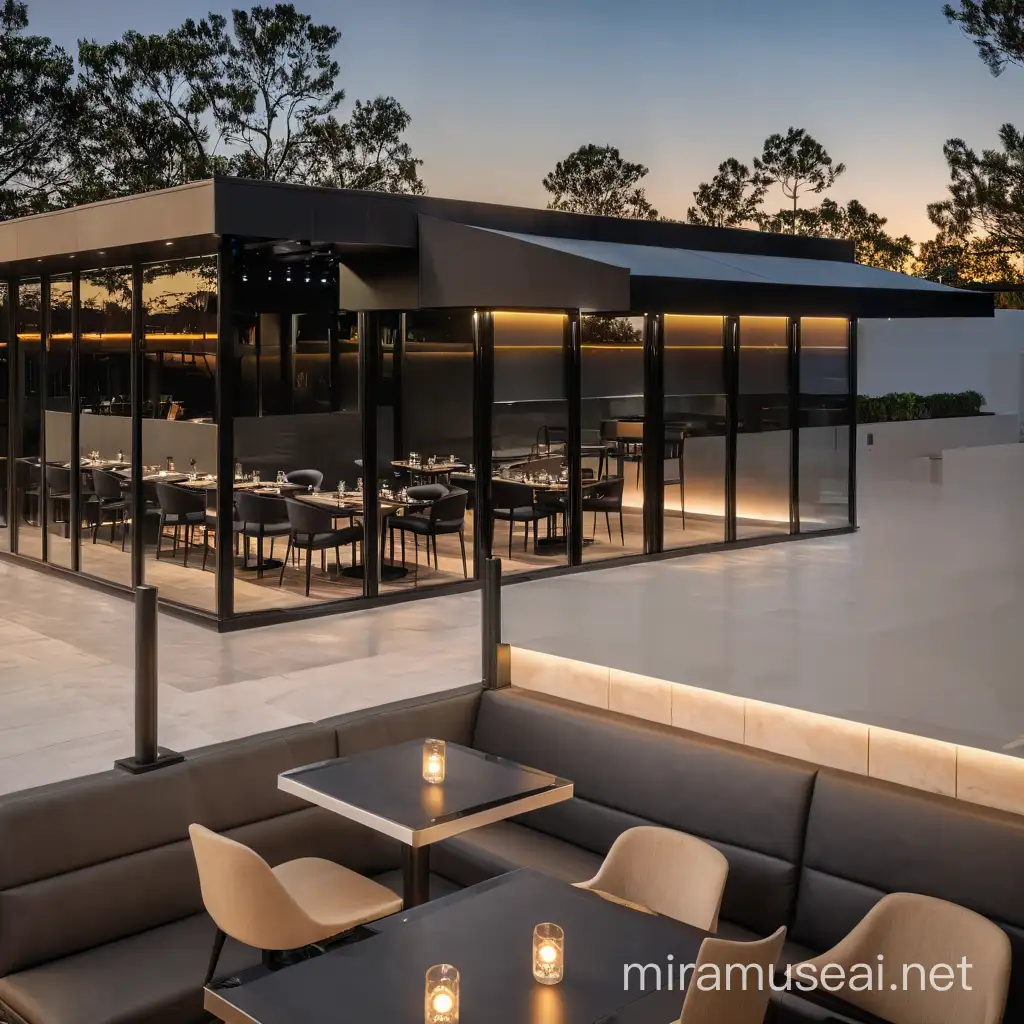 Restaurant with  cinematic 400mm photo of a luxurious, contemporary, modern, large glass, matte black aluminum, wall paneling, artificial lighting,  sunrise, low light, artificial lighting, cinematic photography.