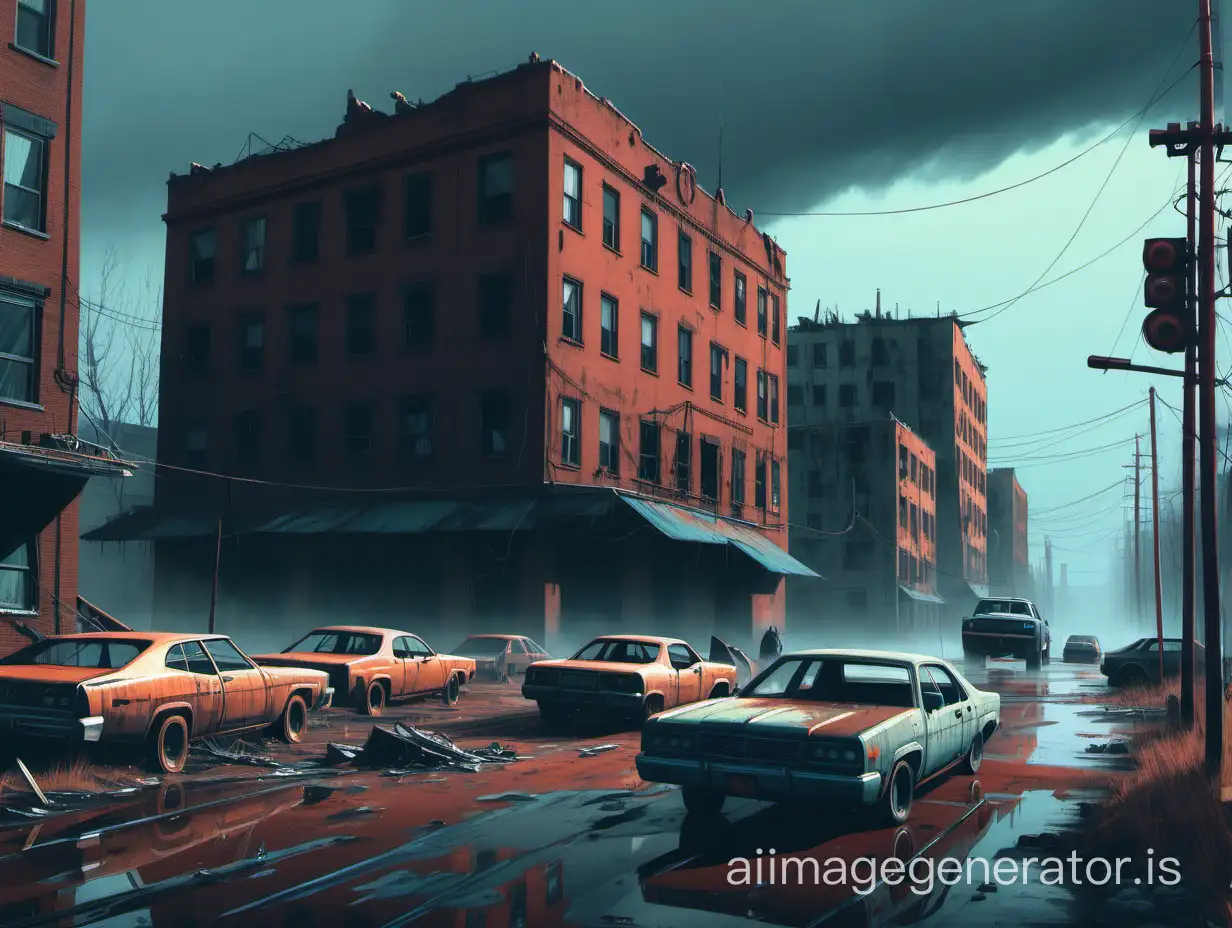 Concept art of a desolate post-apocalyptic city, abandoned buildings and cars, dark and eerie atmosphere, by Simon Stalenhag, realistic painting style with hints of sci-fi elements