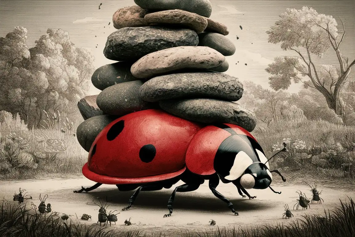 a huge, giant ladybug was carrying a stack of stones. The image is low saturation.