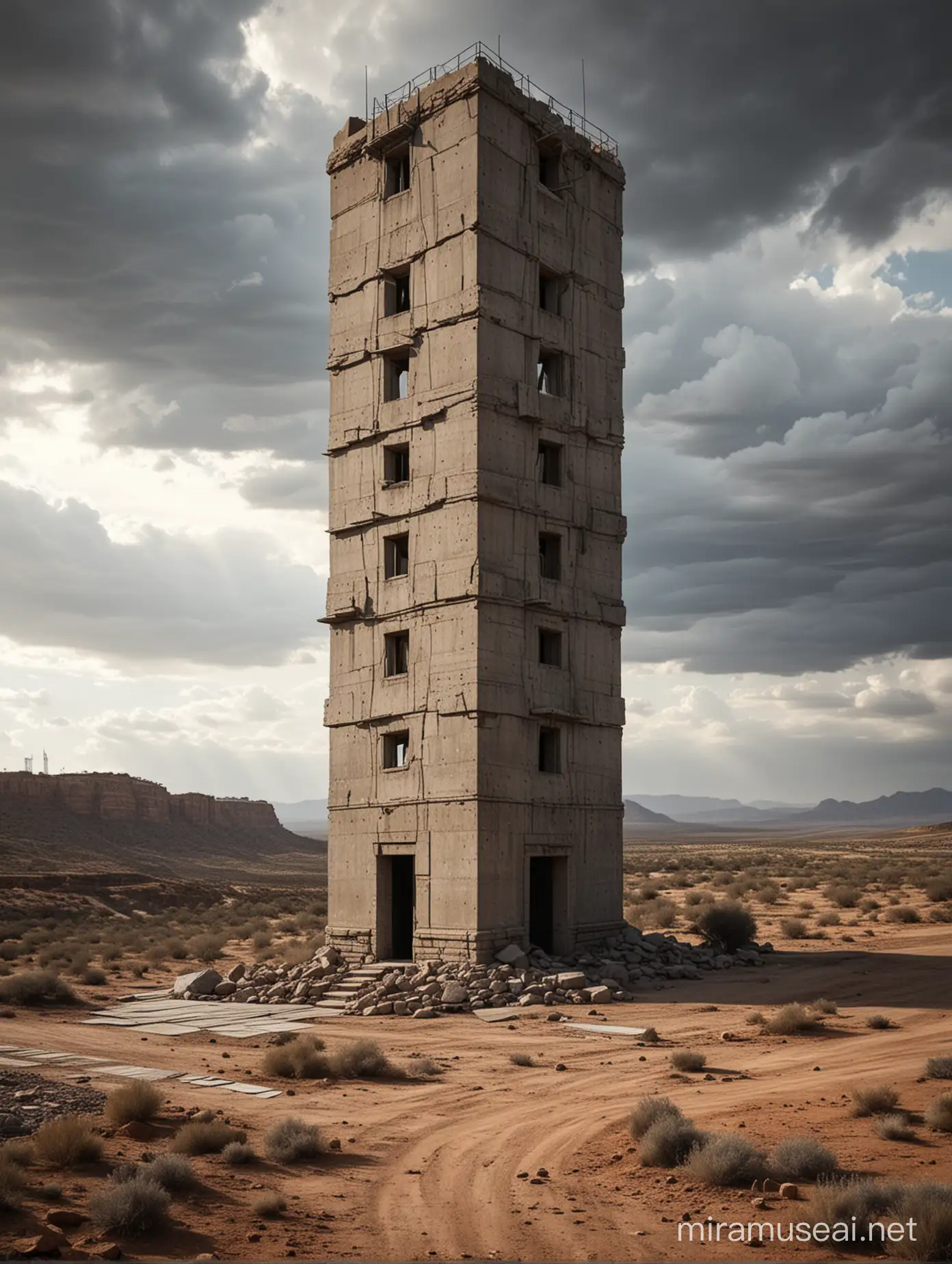 Abandoned Concrete Tower Rising from Barren Landscape