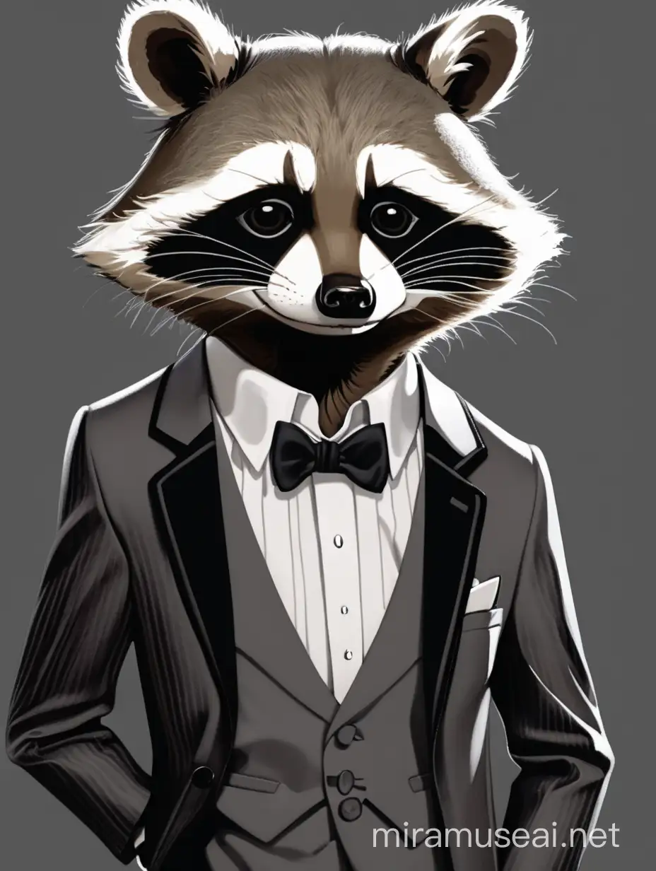 Elegant TuxedoClad Raccoon with a Swaggy Pose and Weary Expression