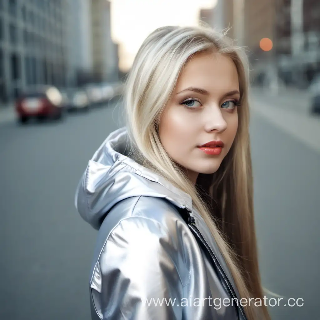 Девушка блондинка с длинными волосами в серебряной куртке. Город. 
