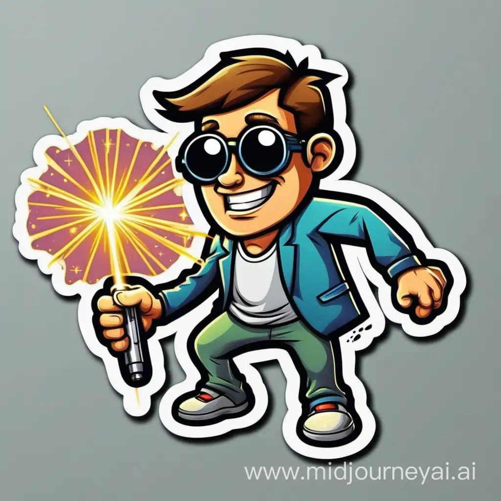 Playful Cartoon Man Creating Laser Art with Stickers