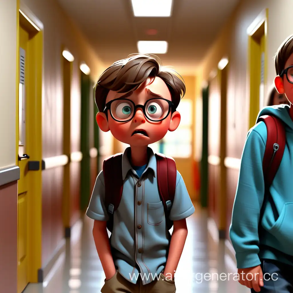 a little boy is walking down the corridor at school, looking at the camera, he is scared, there are a lot of students around who are looking after him / a lot of people / the corridor of the school / a boy with glasses/