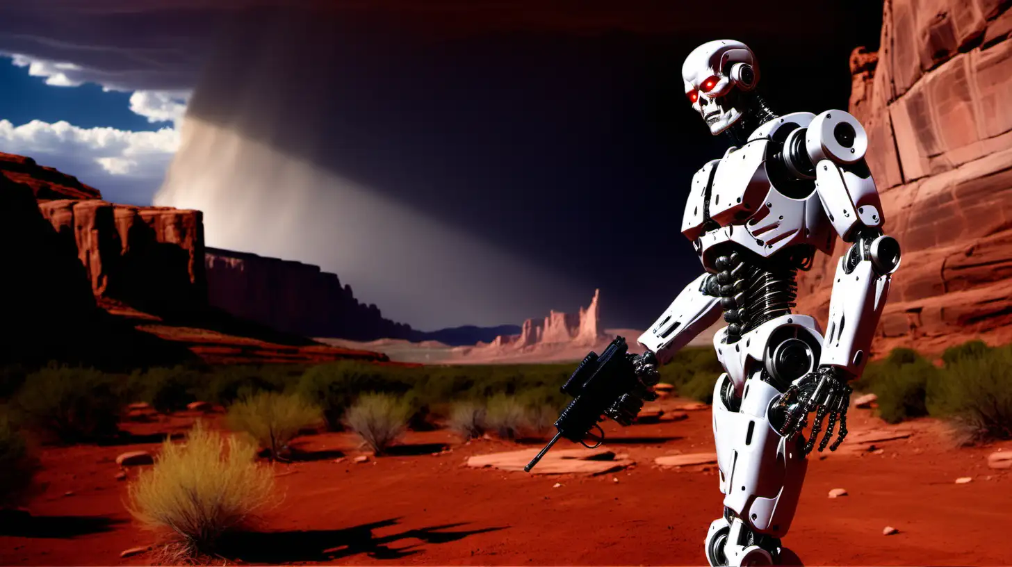 robotic terminator, weapons firing, danger, dramatic light, red rock landscape near Moab UT