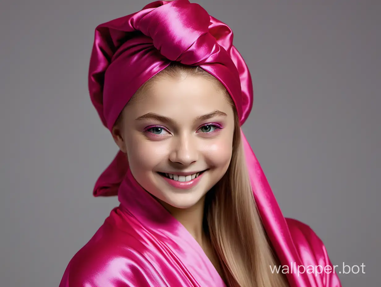 Yulia Lipnitskaya smiles beautifully with long silky hair in a delicate, silky robe of pink fuchsia with a pink silk towel turban on her head