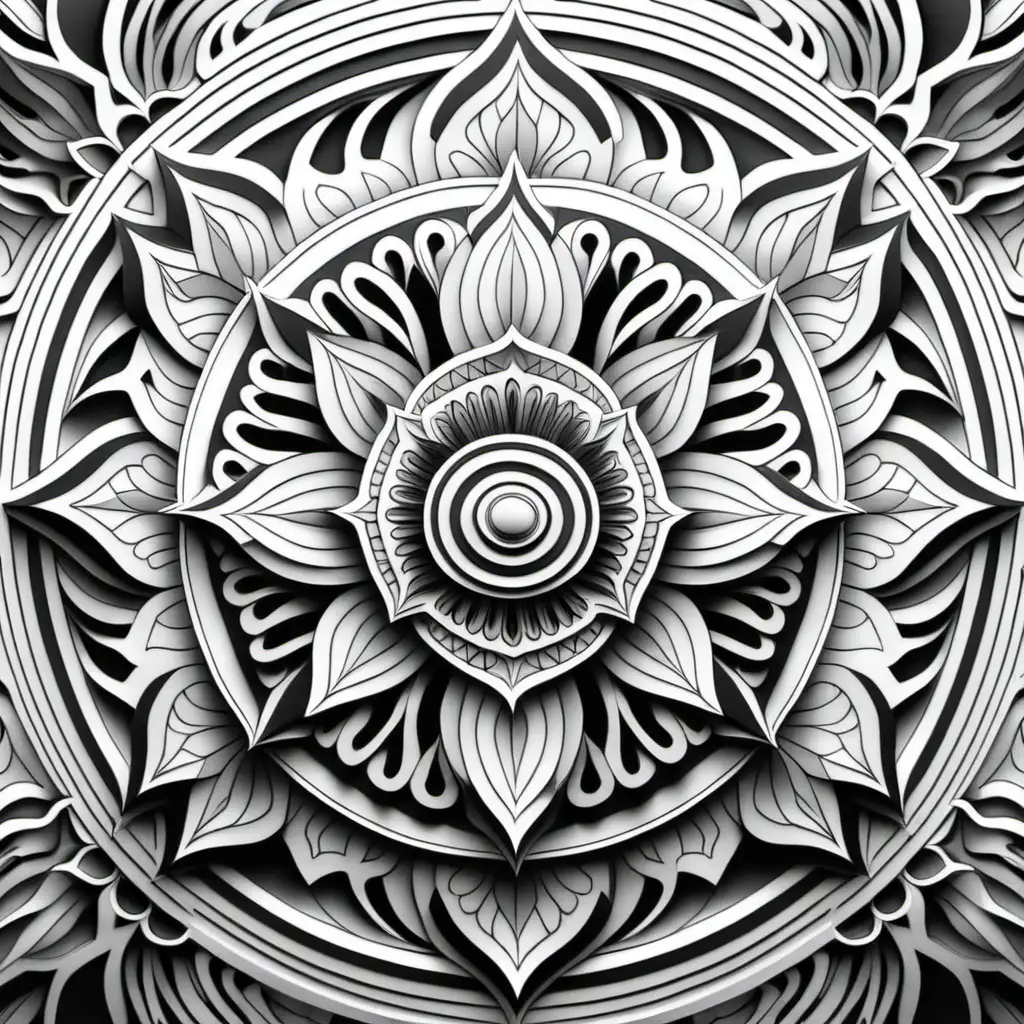 Adult coloring book. 3d fire background. Black and white, no shading, no color, thick black outline. Symmetrical mandala made of geometric shapes.