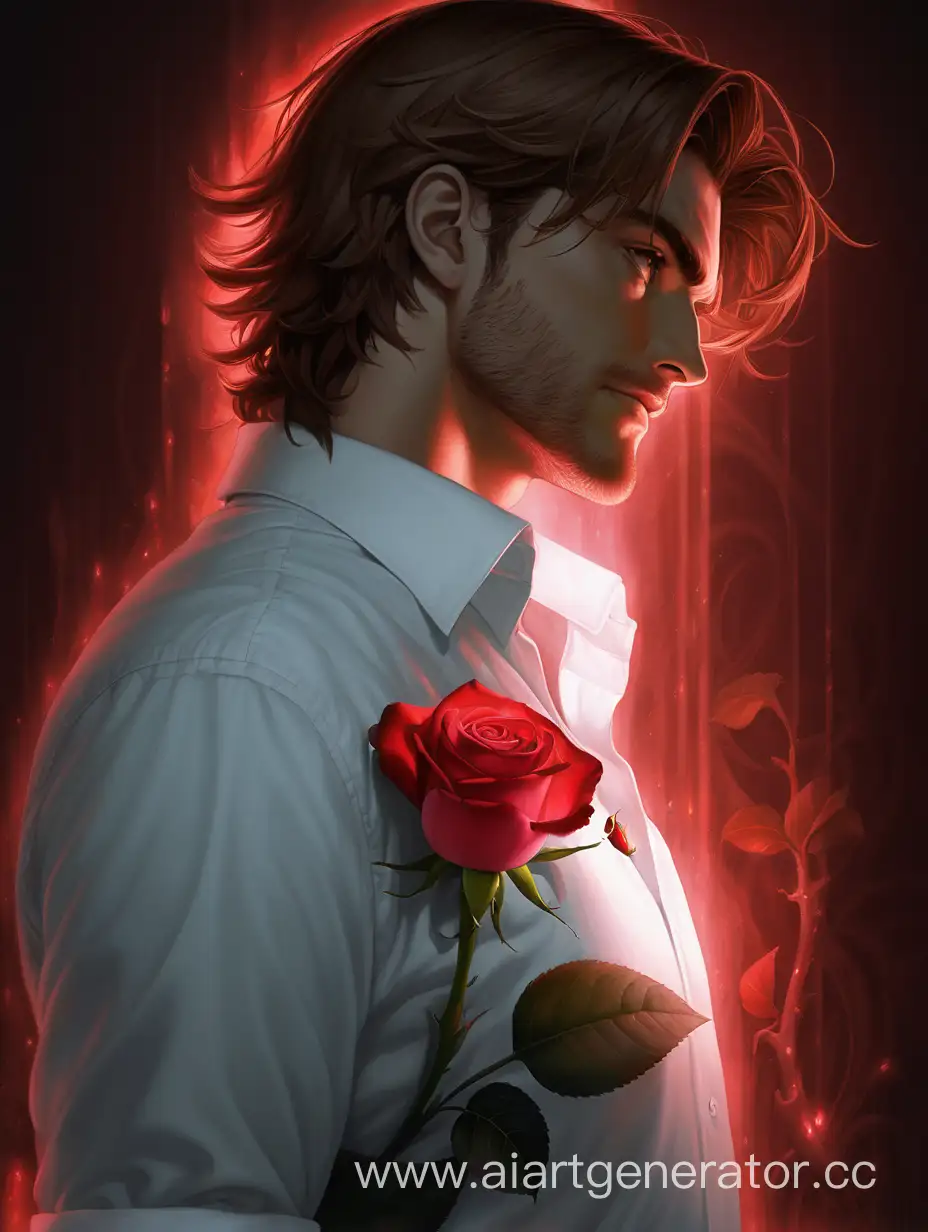 Mysterious-Man-in-White-Shirt-Glowing-with-Red-Light-Holding-a-Red-Rose