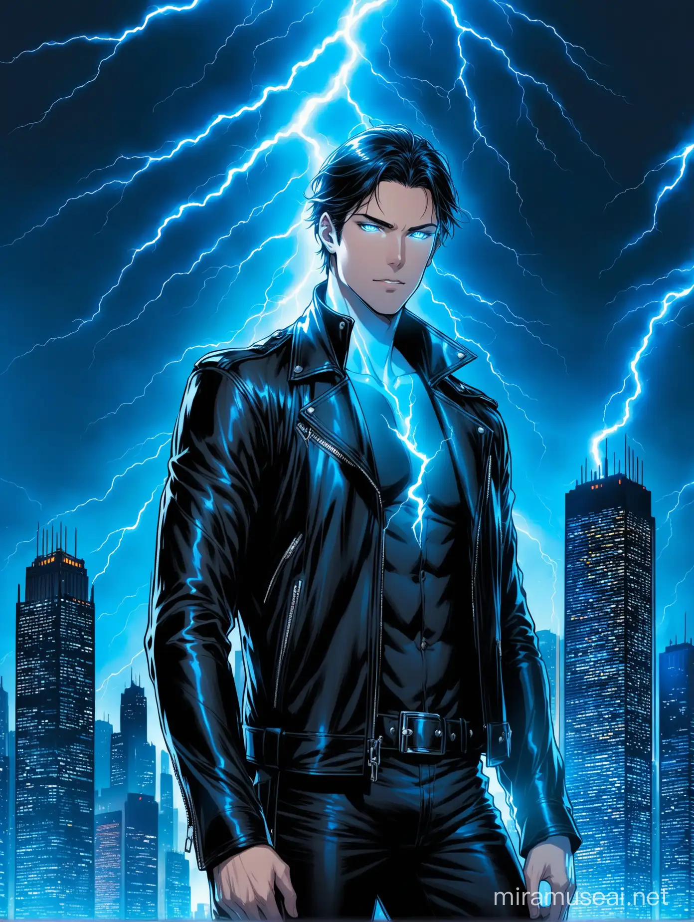 A charming handsome young tall man in black long leather jacket surrounding by blue lightening withbhis eyes glowing blue, and a skyscraper behind him