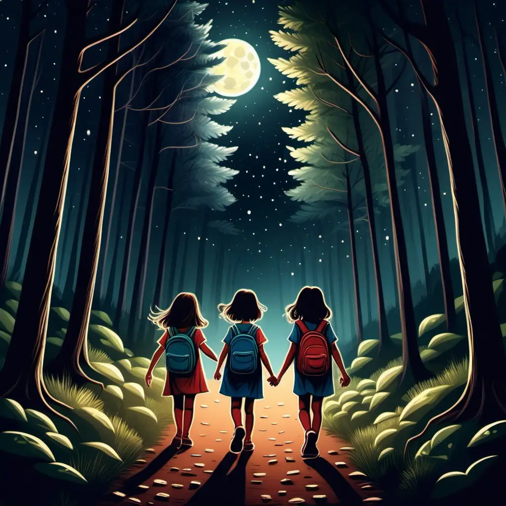 illustrate ten years old 3 kids walking into forest, night time going to a party.