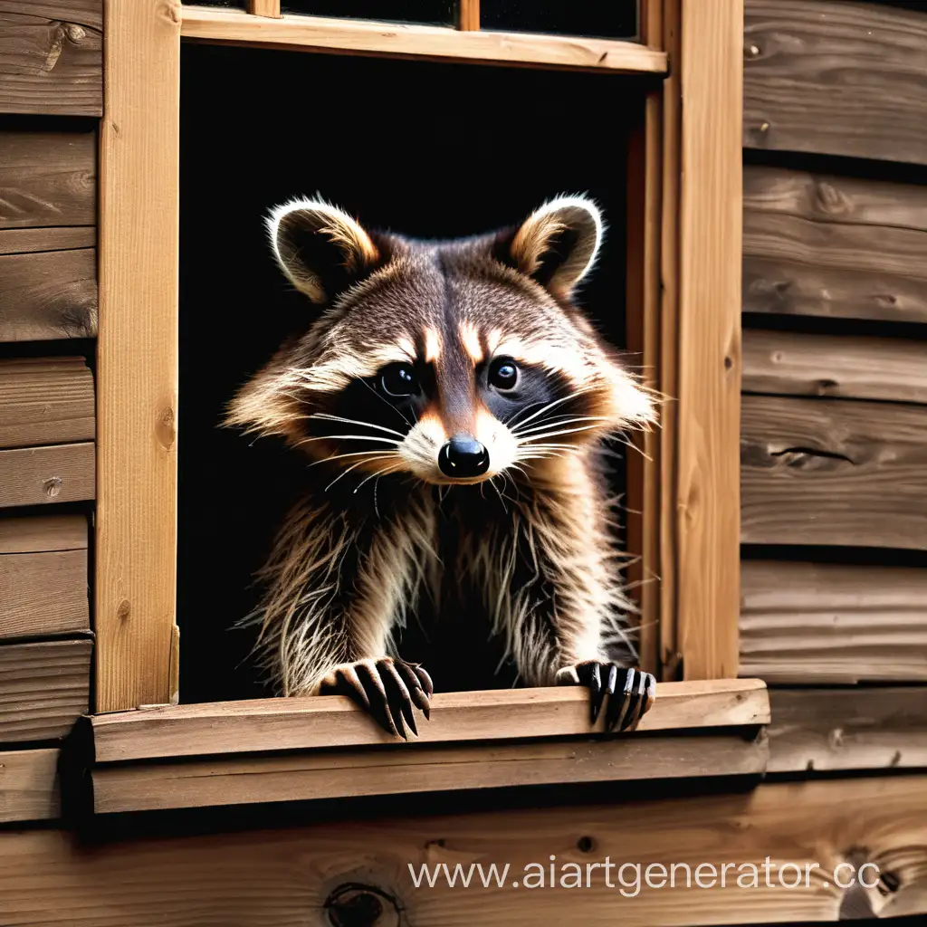Curious-Raccoon-Climbing-Through-Window-of-Wooden-House