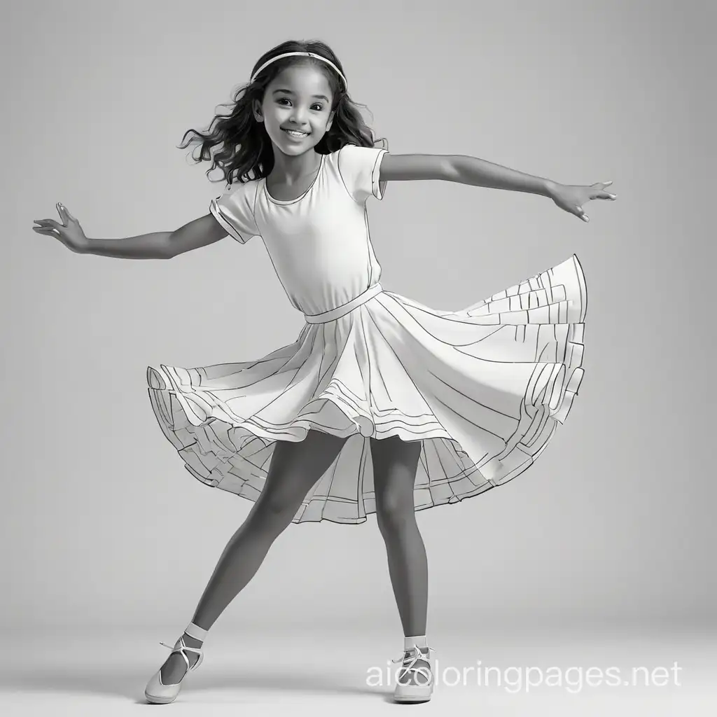 A 14 year old girl dancing, Coloring Page, black and white, line art, white background, Simplicity, Ample White Space. The background of the coloring page is plain white to make it easy for young children to color within the lines. The outlines of all the subjects are easy to distinguish, making it simple for kids to color without too much difficulty