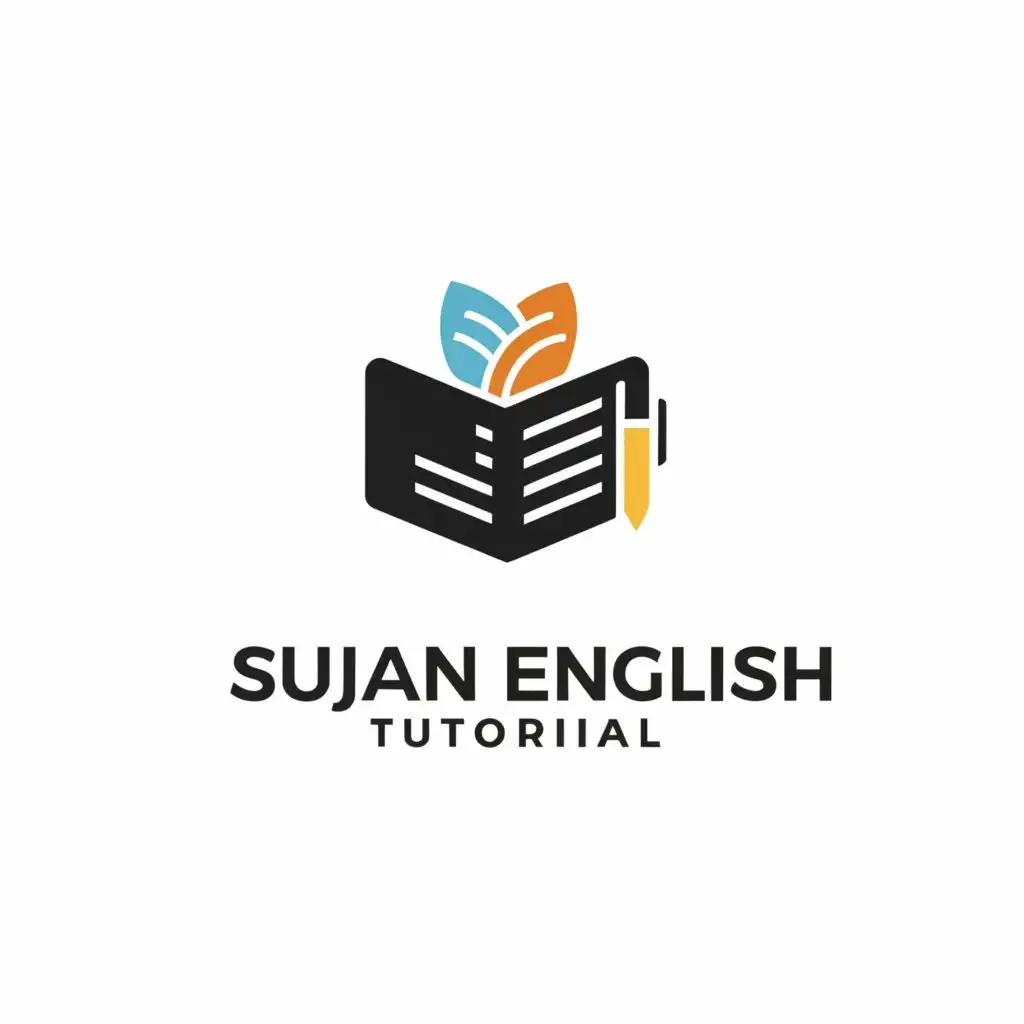 a logo design,with the text "SUJAN ENGLISH TUTORIAL", main symbol:A BOOK  WITH SOME STUDY METARIALS,Minimalistic,be used in Education industry,clear background