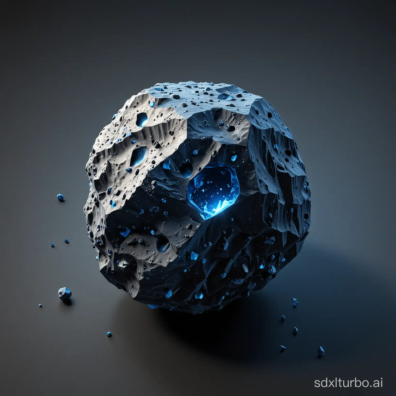 a isometric asteroid with dark blue crsytals on surface
