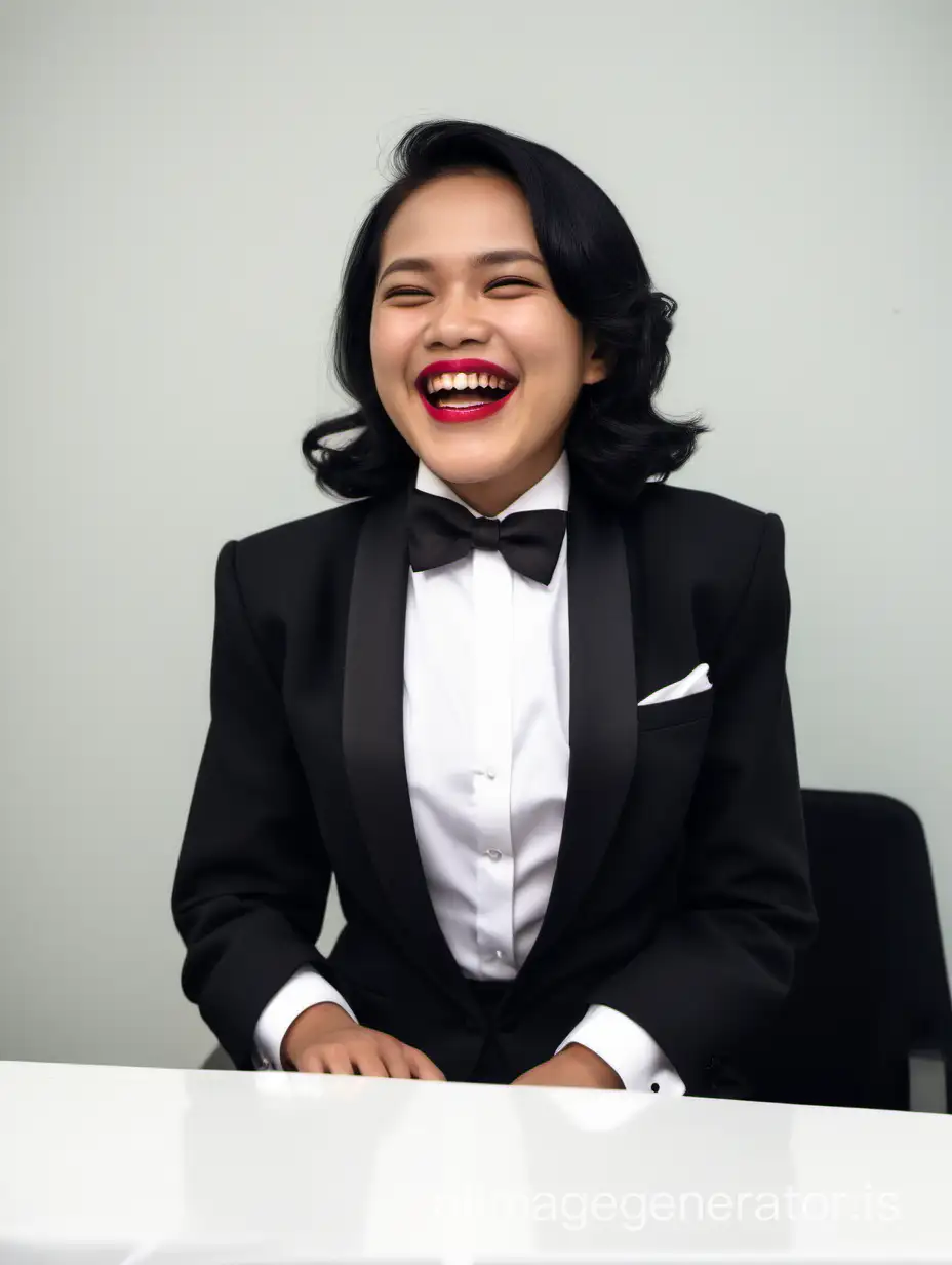 The image is of photographic quality. An Indonesian woman with shoulder-length hair and lipstick is seated at a table. She is wearing a black tuxedo jacket with a white shirt and a black bow tie. The shirt cuffs have cufflinks. She is smiling and laughing. She has her hands under her chin.